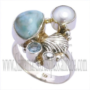 925 Sterling Silver Eternity Vermeil Bague <span class=keywords><strong>Larimar</strong></span> Bleu Topaze Multi Pierres Précieuses Belle À La Mode Fine <span class=keywords><strong>Jewelry</strong></span> pour la Fête