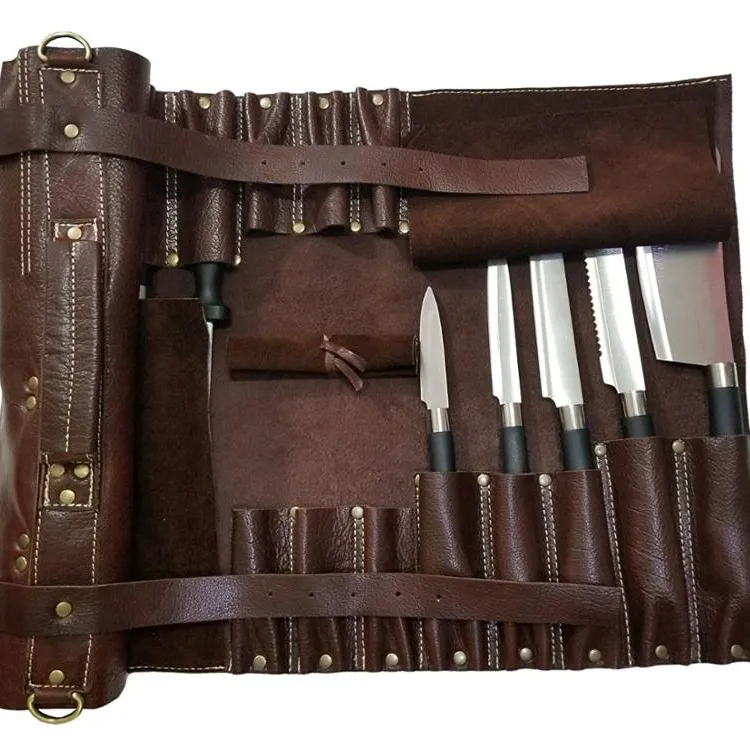16 Slots Silky Brown Chef Knife Bag/chef Knife Roll - New Model Lightweight Genuine Premium Leather Markhor Leather Customized