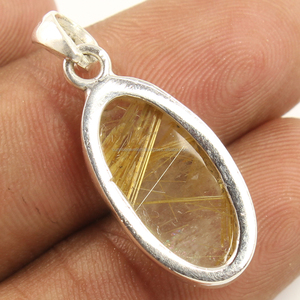 Fabuloso Colgante Solitario con Engaste de Bisel, Plata de Ley 925, Cuarzo Rutilado Natural, Gema Oval Grande - Product Image 2