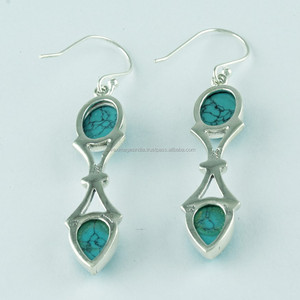 Turquoise Stone 925 Sterling <b>Silver</b> <b>Drop</b> <b>Earrings</b> Fine Dangle Design Pearl Diamond for Women's Wedding Religious Events-Gift - Product Image 4