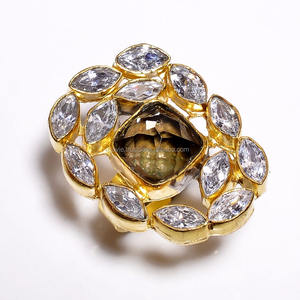 Vente en gros de pierres précieuses en cristal fumé naturel plaqué or bague en laiton classique bijoux de fiançailles faits à la main du fabricant - Product Image 1