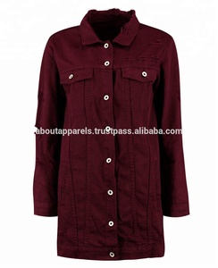 Veste en Denim surdimensionnée pour femmes, courte, personnalisée, unie, longue, tendance, élégante, couleur bordeaux foncé, vente en gros, - Product Image 3