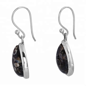 Pendientes colgantes de plata de ley 925 con piedras preciosas de ágata Turritella de pera, joyería chapada en plata, pendiente de ajuste de bisel clásico para mujer - Product Image 2