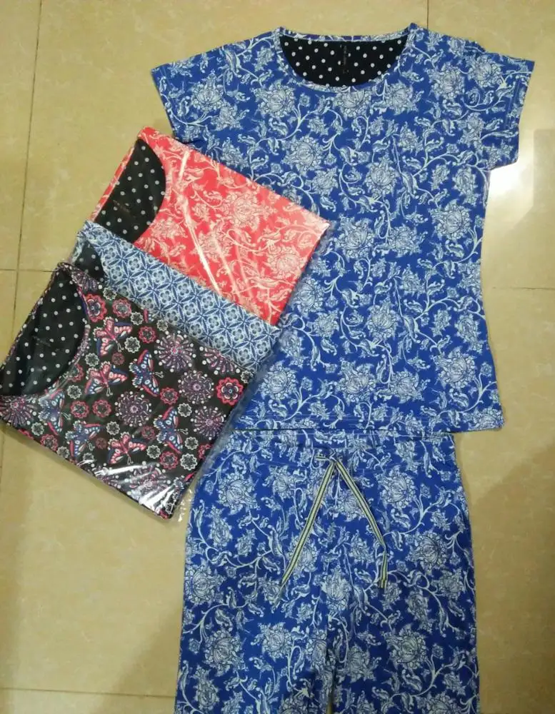 Set Piyama Wanita Label Bermerek Baju Tidur Katun Motif Bunga Lengan Pendek Pakaian Tidur Bangladesh Stok Banyak