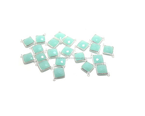 Calcédoine péruvienne 925 lunette pierre précieuse carrée naturelle connecteur Boho fait à la main Double caution plaqué or pierre de naissance bleu argent - Product Image 2