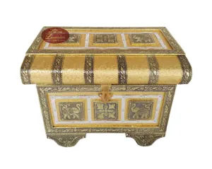 ROYAL TREASURE <b>CHEST</b> (RAJWADI PITARA) STYLE, ARTIFICIAL LEATHER FINISH, <b>WOODEN</b> HANDMADE JEWELLERY BOX (9"x6"x7" INCH) - GOLDEN - Product Image 1