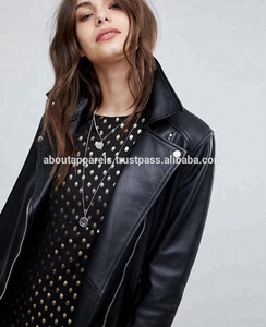 Thick Winter <b>Slim</b> Fit Ladies Fashion Genuine Black Leather Jacket, High Quality Longline Leather Jacket With Belt - Product Image 3