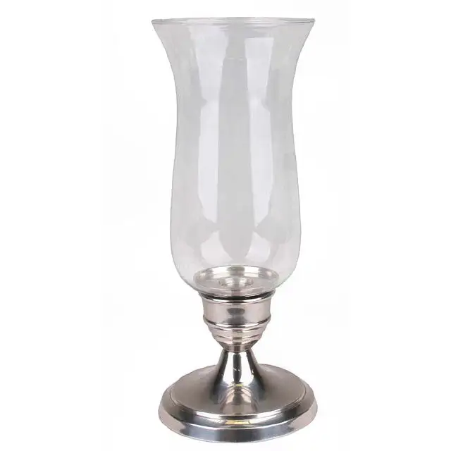 Living Room Decorative Hurricane Candle Lamp Silver Antique Aluminium Designer Candle Lamp With Glass Chimney Decorative