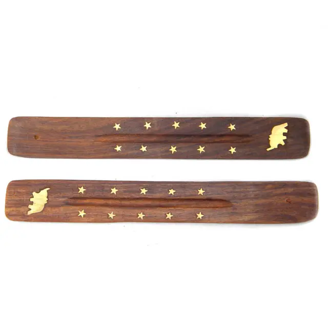 Natural Wooden Colored Indian Handcrafted Wood Carved Incense Holder Ash Catcher Incense Stick Burner with Star Moon Inlay Work