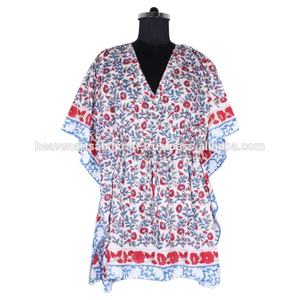 KFSL002 Caftan court surdimensionné 100% coton 2025 vêtements de villégiature de qualité supérieure imprimé à la main et motif floral Caftan de taille libre - Product Image 2