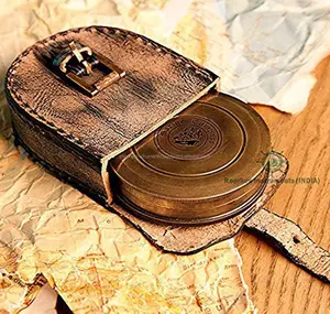 复古风格黄铜口袋罗盘带皮箱航海工具3英寸罗伯特·弗罗斯特诗罗盘带皮箱