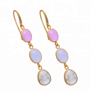Piedra preciosa de piedra lunar de Calcedonia azul rosa, Plata de Ley 925 con pendiente chapado en oro, pendiente romántico de moda para mujer. - Product Image 2