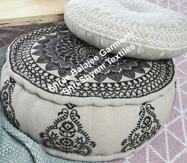 Indian Pouffe Footstool Round Patchwork Embroidered Ottoman Cotton Floral Traditional Multicolored Floor Cushion Floor pillow