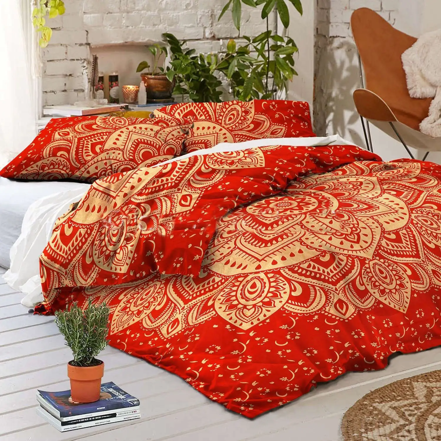 Màu Đỏ Vàng Ombre Mandala Duvet Cover Hippie Reversible Comforter Handmade Quilt Cover Bohemian Bộ Đồ Giường Bìa