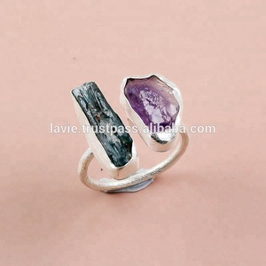 Bague à deux pierres avec améthyste naturelle Kyanite 925 argent 10K matériel bijoux de mode fins Moissanite diamant bijoux salle d'exposition - Product Image 1