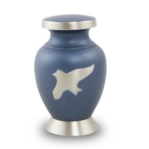 Urnes funéraires pour cendres d'adultes en métal laiton/aluminium, bleu royal antique avec oiseau argenté - Product Image 3