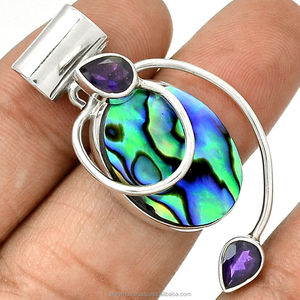 Pendentif de déclaration style Boho en pierre précieuse Abalore, ovales, améthyste naturelle, en argent 925, fait à la main, pour femmes - Product Image 5