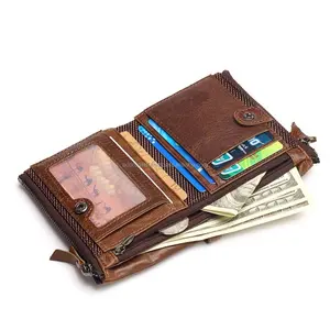 Gents Brown Real Leather Wallet Case Met Zip Pocket En Druk Knop Lock