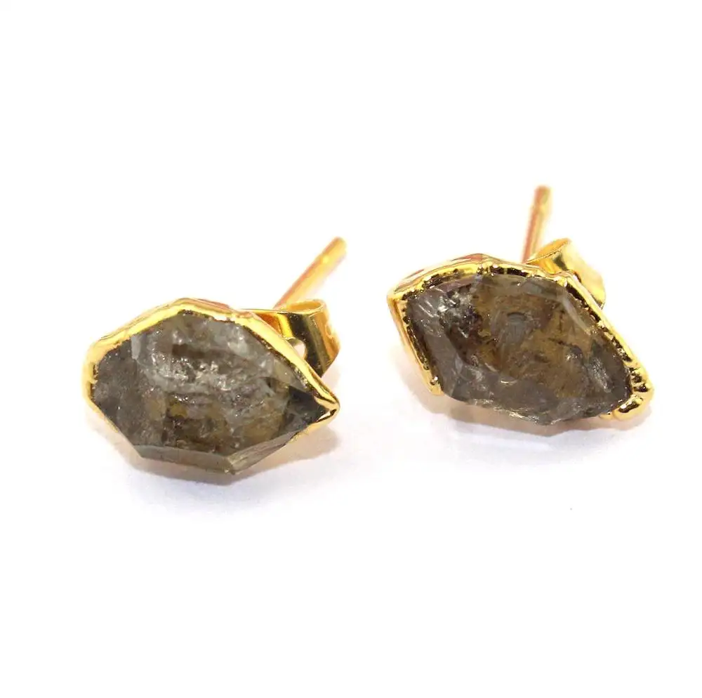 Top selling natural herkimer diamond charms stud earring brass gold electroplated edged april birthstone daily wear stud earring