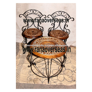 Ensemble table et chaises en fer et bois artisanal de forme ronde pour balcon et jardin Décoration intérieure - Product Image 2
