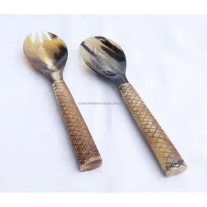 Heiß verkaufendes natürliches Büffelhorn-Salat-Servier set mit Cross Lines Bone Handle Salat bar Servier set Löffel und Gabel