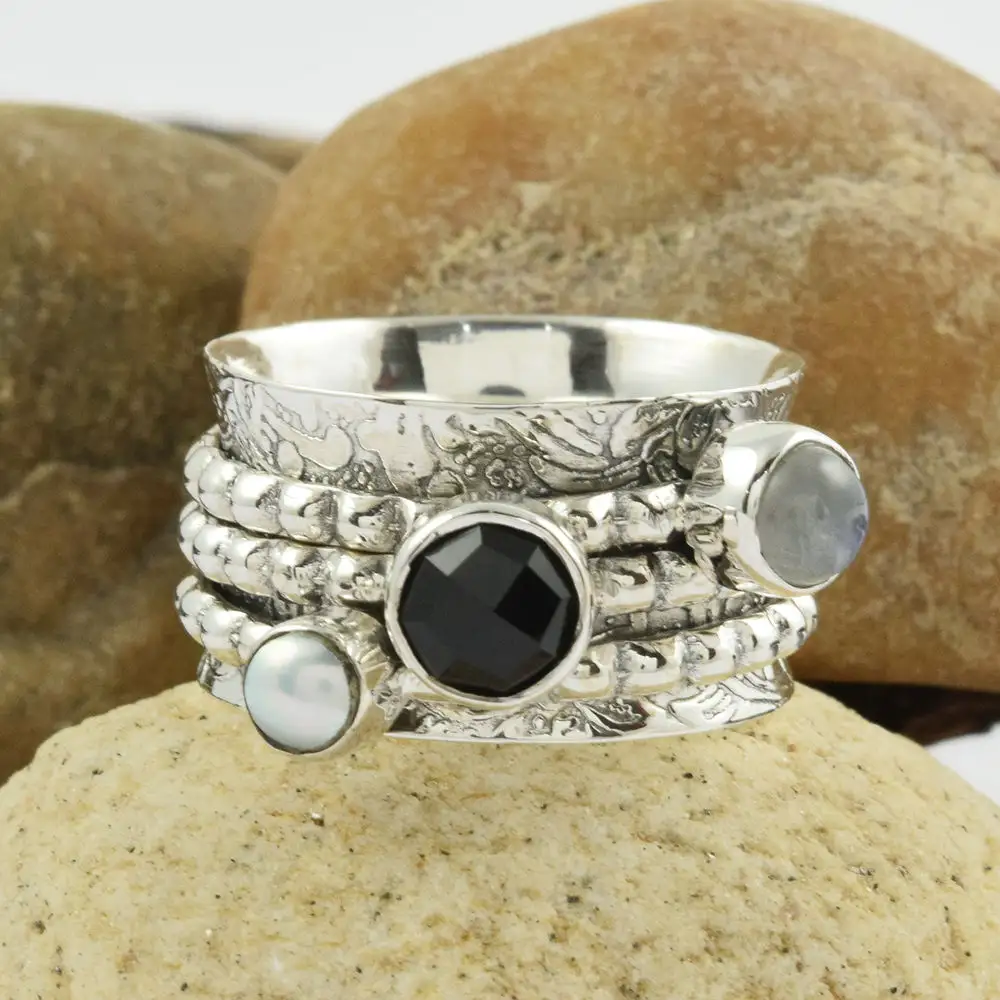 Spinner mobile personnalisé avec Multi pierres naturelles, anneau de méditation en argent Sterling 925, bijoux faits à la main, vente en gros