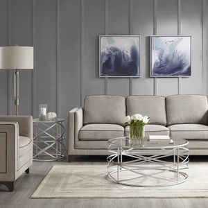 Table basse ronde à armature en métal massif métallisé argenté avec dessus en verre pour meubles de salon à la maison - Product Image 5