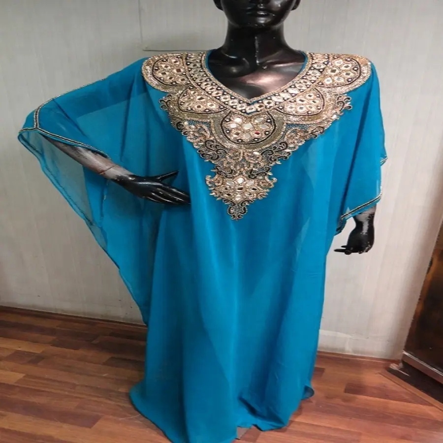 Georgette Dubai Islamitische Farasha Kaftan Jurk Abaya Gouden Zilveren Kristal Werk Stijlvolle Kaftan