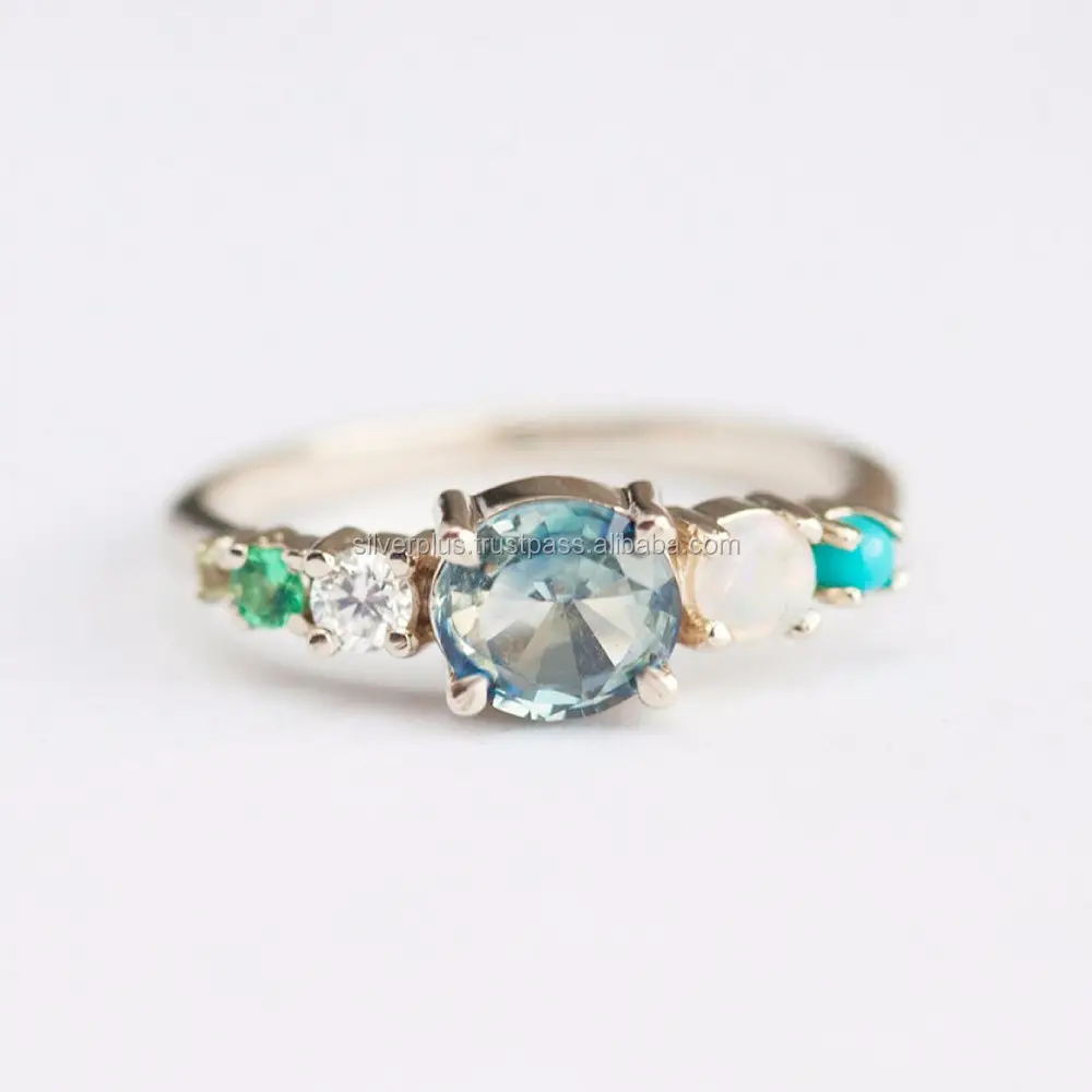 Anel de noivado de ouro 14K sólido genuíno azul topázio opala turquesa esmeralda joia de diamantes