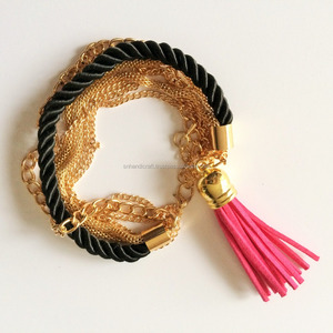 Trendy Hot Pink Suede TASSEL CHAIN & ROPE <b>Bracelet</b> , Gold Multichain Tassel <b>bracelet</b> , Magenta , Black Silk Rope <b>Bracelet</b> - Product Image 1