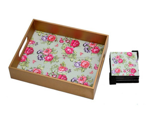 Plateau de service en bois imprimé de fleurs personnalisées avec sous-verre rectangulaire assorti pour servir les aliments - Product Image 1