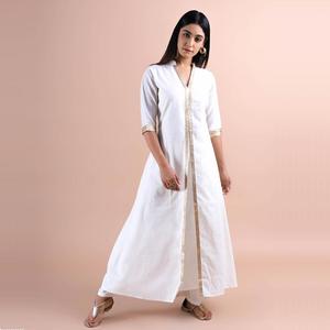 Longue robe en coton blanc pour femmes, vêtement de styliste, Kurti, tenue d'été, avec fente avant, - Product Image 1