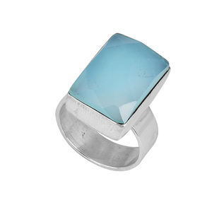 Anillo de boda de Plata de Ley 925 hecho a mano Rectangular Aqua Calcedonia Bisel Diseñador Nueva piedra preciosa sólida Producto Premium - Product Image 2
