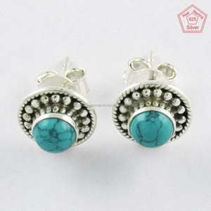 Pendientes de tuerca de piedra turquesa de Plata de Ley 925 chapados en oro religioso boda compromiso aniversario regalo de moda - Product Image 2