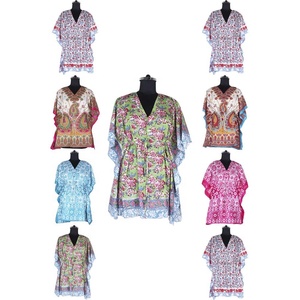 Venta al por mayor elegante señoras último corto Kaftans algodón vestido Formal diseño de moda Floral impreso algodón Kaftan cuello en V - Product Image 1