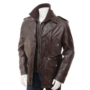 Marrón de piel de vaca de cuero genuino abrigo de cuero genuino de los hombres de moda casual abrigo - Product Image 1