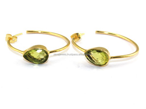 Pretty <b>Peridot</b> Quartz Hoop <b>Earring</b> Push Back SemiCircle 24k <b>Gold</b> Plating Light Weight Women <b>Earring</b> Handmade Pear Shape Hoop - Product Image 2