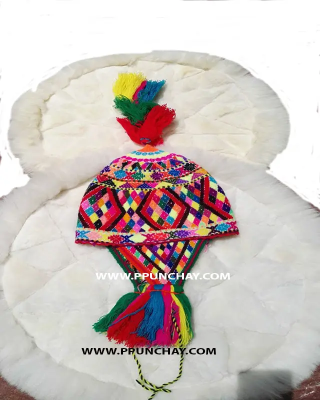 Chullo Oorklep Hoed Gebreide Ppunchay Peru Etnische Heldere Kleuren Lange Chullo