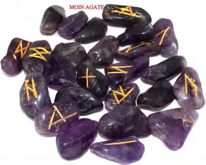 Batu permata Amethyst Reiki kristal produk batu kristal alam batu Amethyst Rune Set standar 25 potongan dalam satu Set Rune