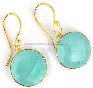 ต่างหูห้อยอัญมณีสีฟ้าตัดแฟนซีรูปทรงกลมแบบใหม่ต่างหูทองเหลืองชุบทอง - Product Image 1