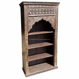 Meuble de salon en bois massif de style antique indien, finition teck clair, bibliothèque à trois étagères sculptée pour hôtel et cuisine - Product Image 3