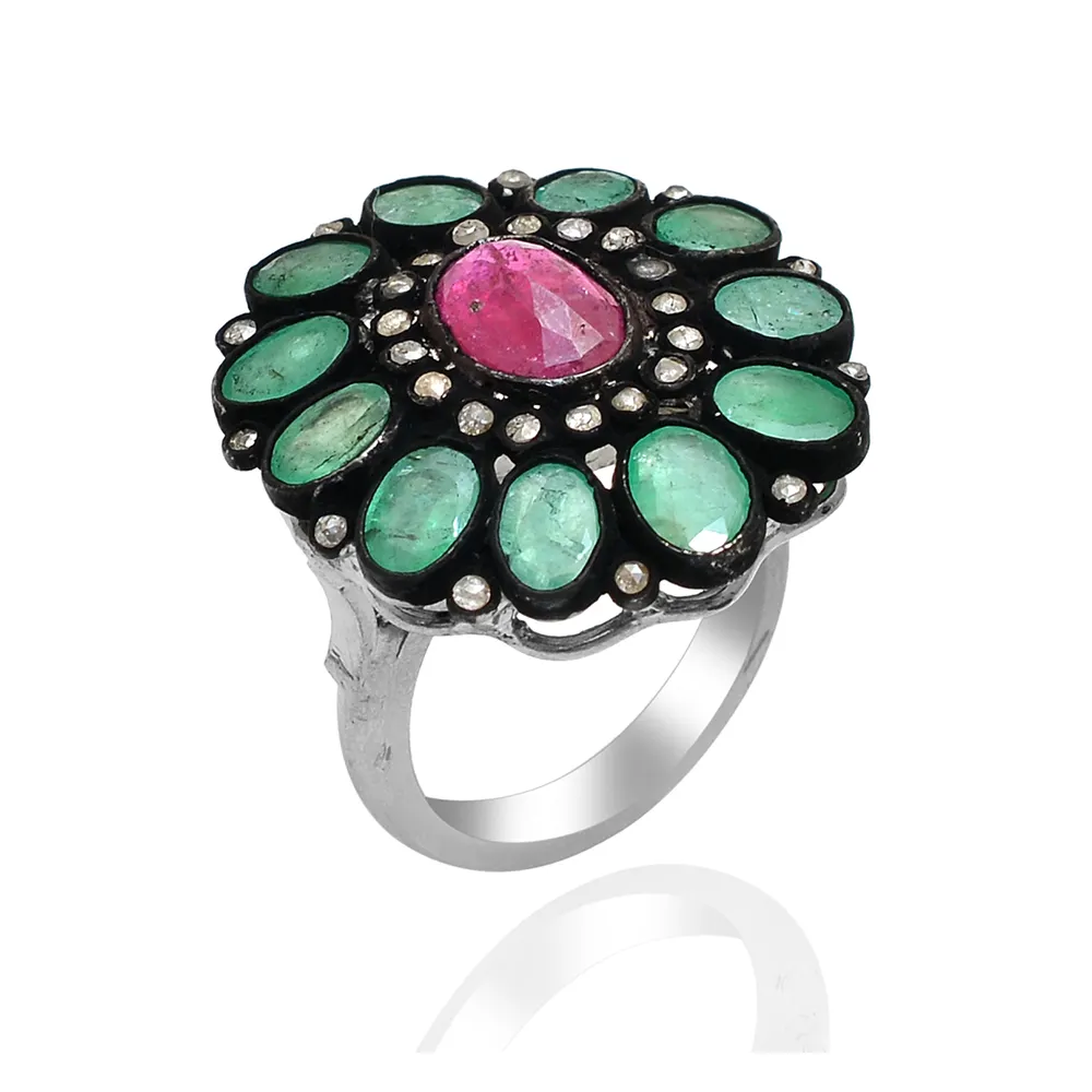 Natural Emerald Gemstone Diamond 925 Sterling Silver Black Oxidized Fashion Jewelry Ring For Women