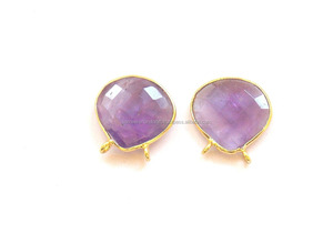 Fait à la main belle améthyste pierre précieuse forme de coeur plaqué or bijoux lunette à facettes pierre de naissance connecteur Boho - Product Image 3