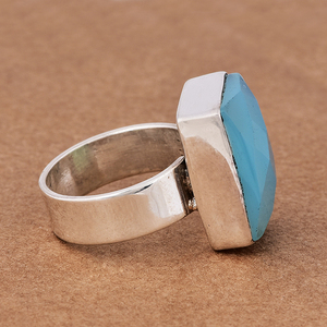 Anillo de boda de Plata de Ley 925 hecho a mano Rectangular Aqua Calcedonia Bisel Diseñador Nueva piedra preciosa sólida Producto Premium - Product Image 3