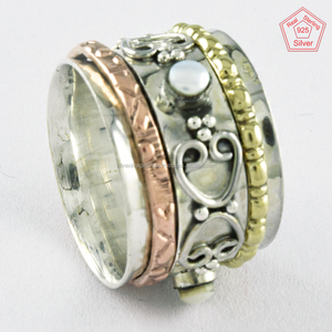 Bague spinner en argent sterling 925 avec pierres de perles bicolores Bijoux de créateur de l'Inde Catégorie de produit Bagues en perles - Product Image 1