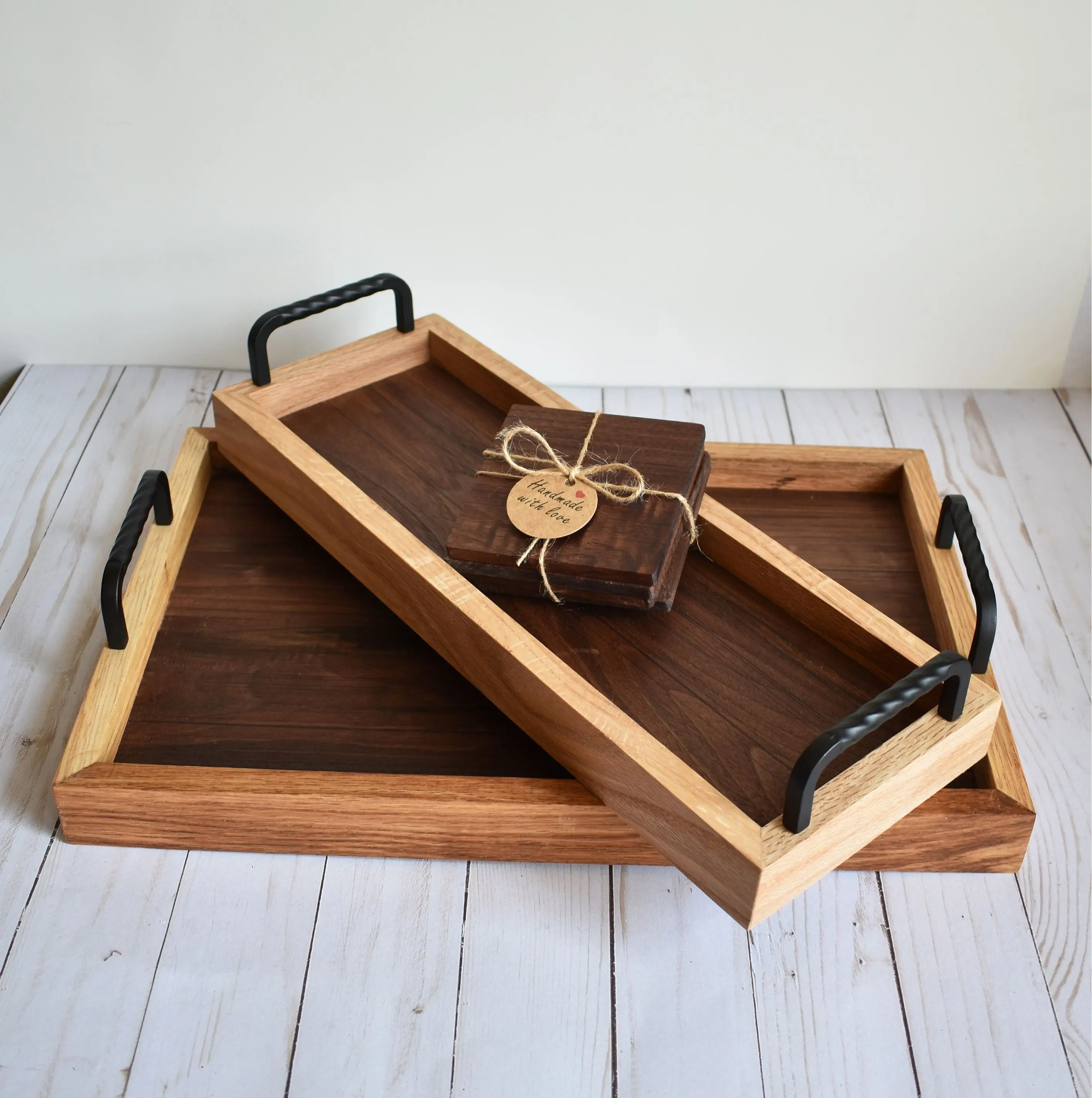 Square Serving wood tray with iron handle for water glass Serving acacia wooden Trays for best selling