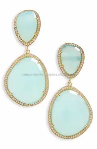 Aqua Chalcedony Emas Vermeil Bentuk Tidak Beraturan Cz Set Anting Drop