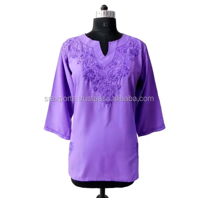 Polyクレープチキン刺繍kurti luckhnowiチュニック紫色の刺繍ショートブラウス