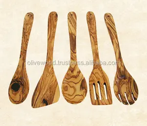 Ensemble d'ustensiles de table en bois d'olivier massif, écologiques, avec spatule, cuillères, fourchettes, certifiés CE pour une utilisation domestique en cuisine - Product Image 1
