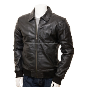 Blouson aviateur en cuir de vachette noir, résistant à l'eau, respirant, avec poche latérale, uni, pour homme, avec doublure. - Product Image 1